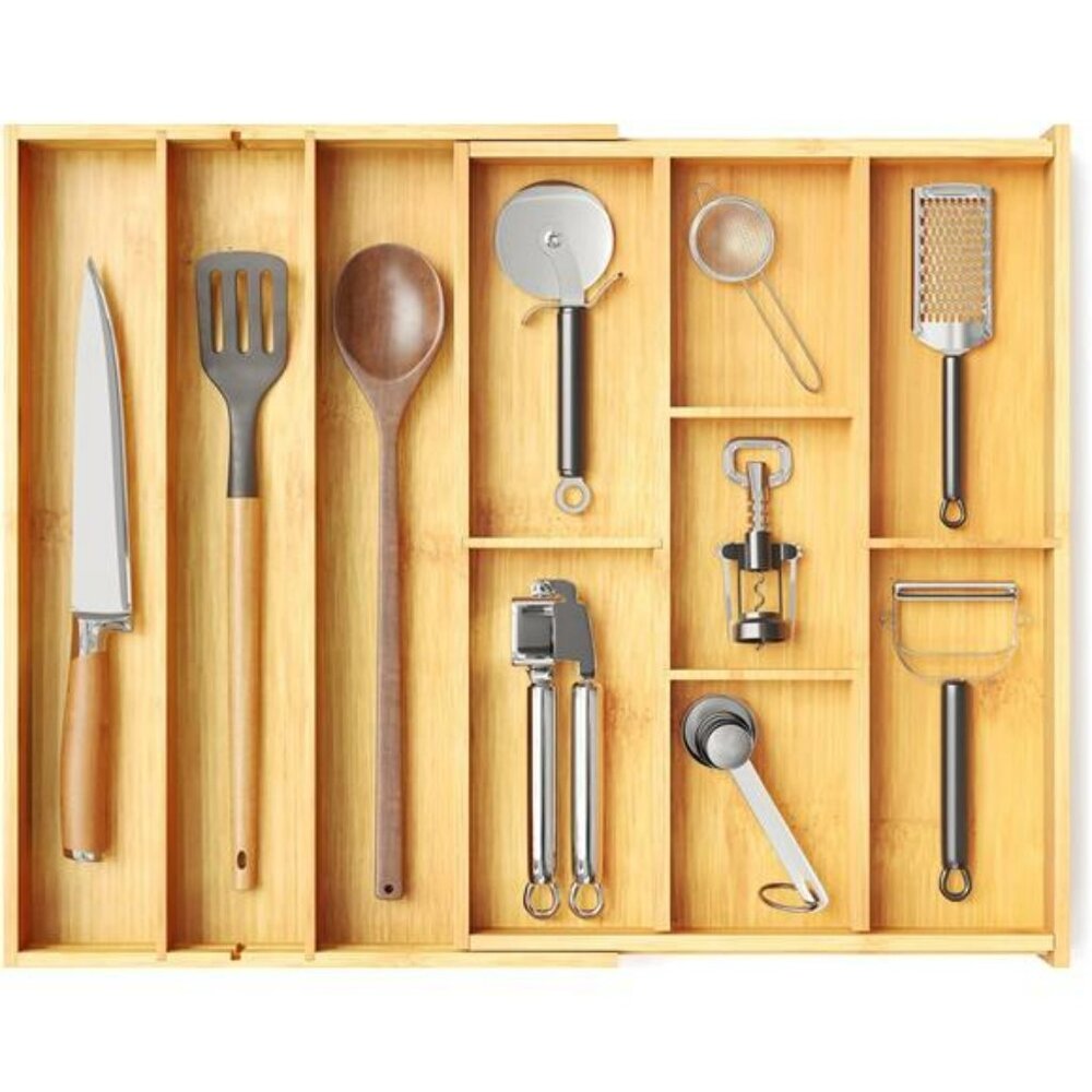 Expandable bamboo silverware drawer organizer utensil flatware cutlery tray hold